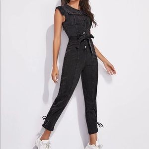 Lace Up Hem Belted Denim Jumpsuit